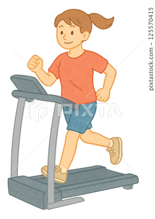 Watercolor illustration of a woman running on a treadmill (sports and exercise material) 125570415