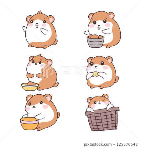 Set of Cute Kawaii Orange Little Hamster Mouse Animal Cartoon Character with Potato Food in Bowl 125570548