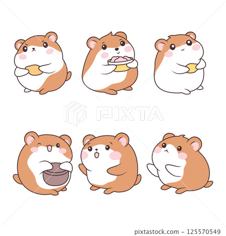 Set of Cute Kawaii Orange Little Hamster Mouse Animal Cartoon Character with Potato Food in Bowl 125570549