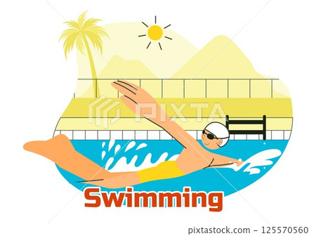 Swimming Pool Vector Illustration featuring a Summer Vacation Landscape Concept with Swimming Activities, Water Sports, and Fun Recreation 125570560