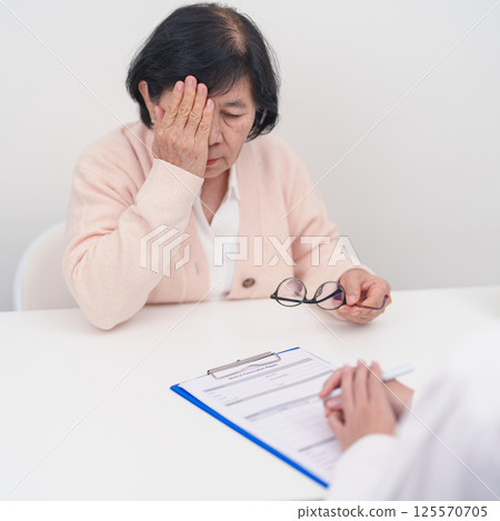 Elderly woman Patient having Eye ache and consulting Doctor to Eye disease. Senior Medical Diagnosis. Cataract, Glaucoma, Age Related Macular Degeneration, Diabetic Retinopathy, Vitreous and health 125570705