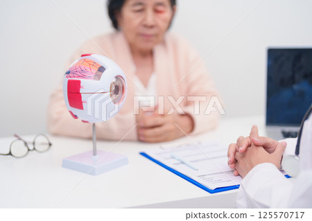 Elderly Patient consulting Doctor to Eye disease, Senior Medical Diagnosis. Anatomy Eye model for Cataract, Glaucoma, Age Related Macular Degeneration, Diabetic Retinopathy, Vitreous, health concept 125570717