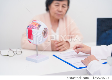 Elderly Patient consulting Doctor to Eye disease, Senior Medical Diagnosis. Anatomy Eye model for Cataract, Glaucoma, Age Related Macular Degeneration, Diabetic Retinopathy, Vitreous, health concept 125570724