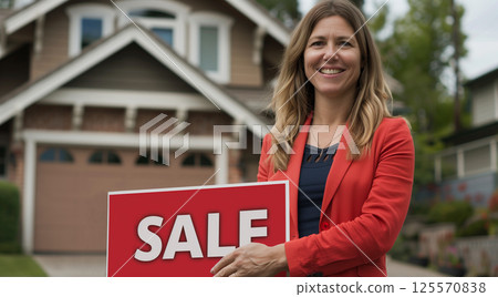 Happy real estate agent stands in front of house 125570838