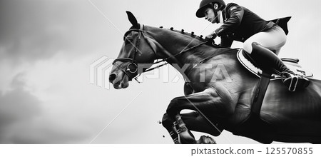 Close-up of equestrian jumper capturing precision and athleticism in mid-air Close-up of equestrian jumper capturing precision and athleticism in mid-air 125570855