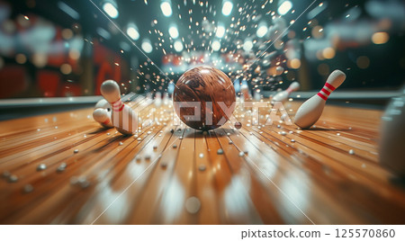 Bowling ball impact: striking pins on alley lane with forceful smash 125570860