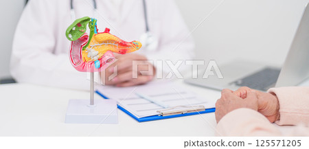 Elderly Patient consultation with doctor for Pancreas, Gallbladder, Bile Duct, Duodenum, Small intestine. Pancreatic cancer, Acute and Chronic pancreatitis, Digestive system and medical healthcare 125571205