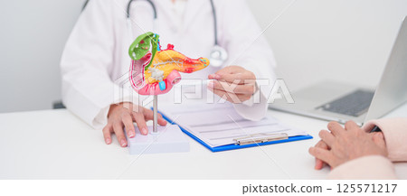 Elderly Patient consultation with doctor for Pancreas, Gallbladder, Bile Duct, Duodenum, Small intestine. Pancreatic cancer, Acute and Chronic pancreatitis, Digestive system and medical healthcare Elderly Patient consultation with doctor for Pancreas, Gallbladder, Bile Duct, Duodenum, Small intestine. Pancreatic cancer, Acute and Chronic pancreatitis, Digestive system and medical healthcare 125571217