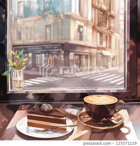 [AI-generated] Watercolor-style chocolate cake and latte at a cafe in the city 125571229