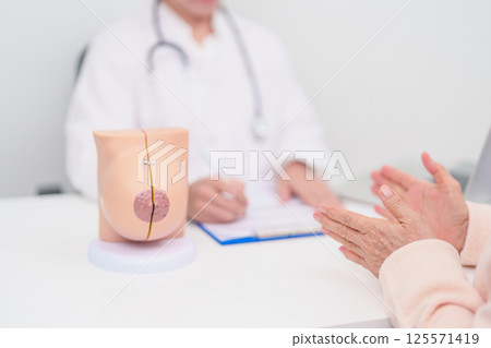 woman Patient consultation with doctor for Breast Augmentation Surgery, October Breast Cancer Awareness month, implant, Diagnosis, Beauty woman enlargement and medical healthcare concept 125571419