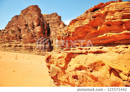 The landscape of the Wadi Rum desert in Jordan where the most Mars like terrain on earth. The landscape of the Wadi Rum desert in Jordan where the most Mars like terrain on earth. 125571442