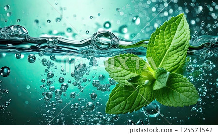 AI image: Carbonated water with mint leaves AI image: Carbonated water with mint leaves 125571542