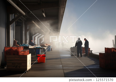Nordic fishermen dealing in fish in a foggy harbor 125571570