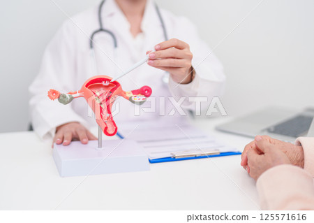 Woman patient consulting doctor with anatomy Uterus and Ovaries. Ovarian and Cervical cancer, Cervix disorder, Endometriosis, Hysterectomy, Uterine fibroids, Reproductive system and Pregnancy concept 125571616