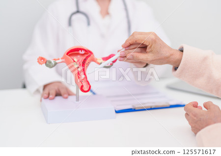 Woman patient consulting doctor with anatomy Uterus and Ovaries. Ovarian and Cervical cancer, Cervix disorder, Endometriosis, Hysterectomy, Uterine fibroids, Reproductive system and Pregnancy concept 125571617