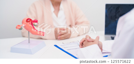 Elderly Woman patient consulting doctor with anatomy Uterus and Ovaries. Ovarian and Cervical cancer, Cervix disorder, Endometriosis, Hysterectomy, Uterine fibroids, Reproductive system and Pregnancy 125571622