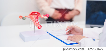Elderly Woman patient consulting doctor with anatomy Uterus and Ovaries. Ovarian and Cervical cancer, Cervix disorder, Endometriosis, Hysterectomy, Uterine fibroids, Reproductive system and Pregnancy 125571627