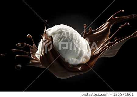 AI-generated item. Ice Cream with Splash of Chocolate on a Black Background. AI-generated item. Ice Cream with Splash of Chocolate on a Black Background. 125571661