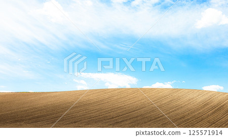 A simple landscape of blue sky, clouds and a vast field in Biei, Hokkaido A simple landscape of blue sky, clouds and a vast field in Biei, Hokkaido 125571914