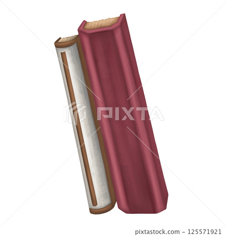 Pile of old book in a cover with aged pages. A library and home interior item. School and university supplies, research and teaching. Handmade illustration on white background 125571921