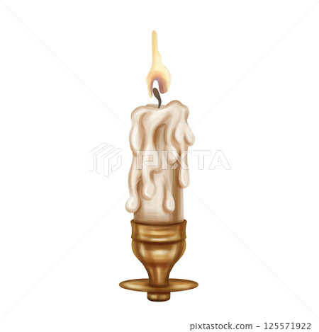 Golden metal candelabra with a long burning candle. Decoration in victorian gothic old victorian design. Research archive, Royal library. Handmade illustration on white background 125571922