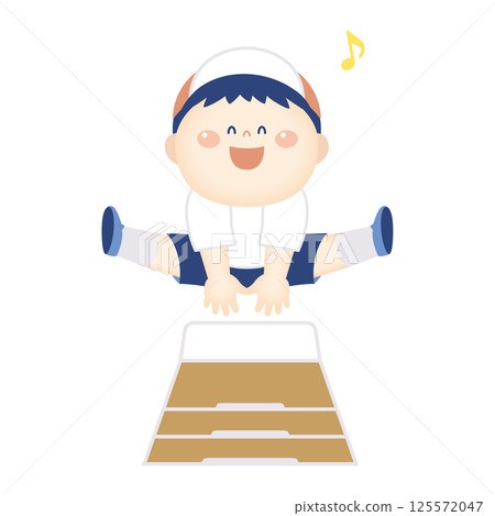 Illustration of a boy in gym clothes jumping over a box 125572047