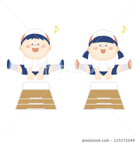 Illustration of a Kid in Gymnastics Clothes Jumping Over a Vaulting Horse 125572049