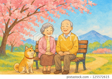 一對老夫婦和他們的柴犬在櫻花盛開的公園裡微笑 125572615