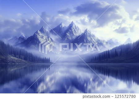 Mountains floating above a huge crystal clear mirror lake Mountains floating above a huge crystal clear mirror lake 125572780