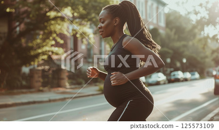 Active pregnant african american woman jogging on urban street 125573109