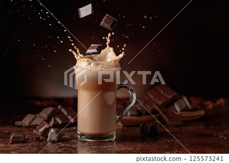 Pieces of bitter chocolate fall in glass mug with cocoa drink. 125573241
