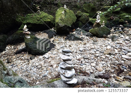 Stacked stones in a mossy forest 125573337