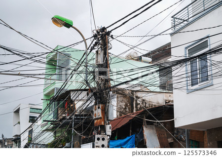 mess in electricity wires on street in city in Asia in Vietnam 125573346
