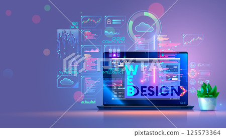 Laptop on desk with software of web design, programming, creation app, software development. Abstract design elements of computer technology on screen laptop. Online education of technology web design 125573364