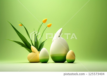 An Easter-themed card featuring a green bunny with a yellow tulip, set against a vibrant spring background. Hello Easter 2025 125573404