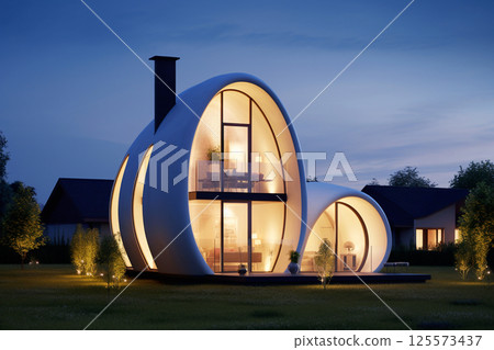 A modern house illuminated at night, featuring an oval design element. The lighting creates a sleek, contemporary ambiance, highlighting the architectural features against a dark backdrop 125573437