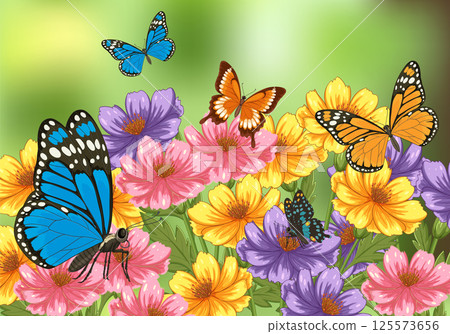 Colorful Butterflies and Flowers in Vector Illustration 125573656
