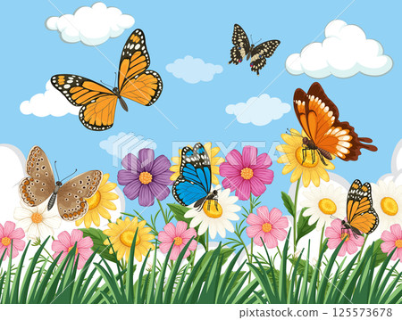Colorful Butterflies in a Vibrant Flower Garden Colorful Butterflies in a Vibrant Flower Garden 125573678