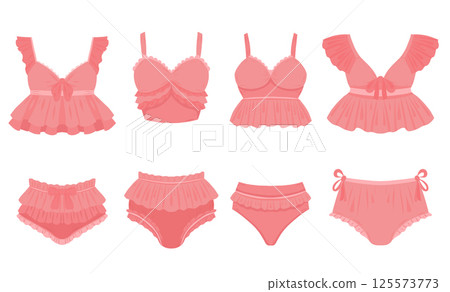 Set of delicate pink underwear. Panties and bras in delicate tones with ruffles and bows. Feminine separate swimsuit isolated from Clothing elements Set of delicate pink underwear. Panties and bras in delicate tones with ruffles and bows. Feminine separate swimsuit isolated from Clothing elements 125573773