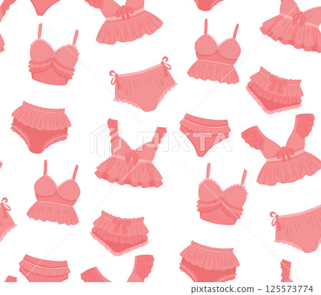Vector seamless pattern with delicate pink underwear. Texture with panties and bras in delicate tones with ruffles and bows. Textile with swimsuit 125573774