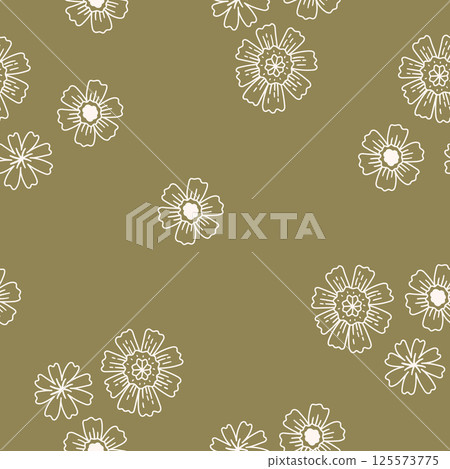 Seamless pattern with delicate white flowers on olive background. Hand drawn vector illustration for wrapping paper, textile, fabric. 125573775