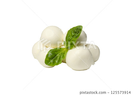 PNG, Balls of mozzarella cheese and basil, isolated on white background PNG, Balls of mozzarella cheese and basil, isolated on white background 125573914