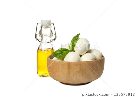 PNG, Balls of mozzarella cheese and basil in bowl, bottle of oil, isolated on white background 125573918