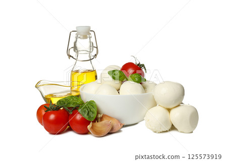 PNG, Balls of mozzarella cheese in bowl, basil, tomatoes, garlic and bottle of oil, isolated on white background PNG, Balls of mozzarella cheese in bowl, basil, tomatoes, garlic and bottle of oil, isolated on white background 125573919