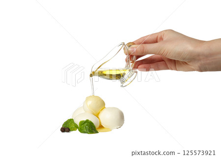 PNG, Balls of mozzarella cheese, basil, oil and hand, isolated on white background PNG, Balls of mozzarella cheese, basil, oil and hand, isolated on white background 125573921