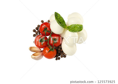 PNG, Mozzarella cheese, basil, garlic, pepper and tomato, isolated on white background, top view PNG, Mozzarella cheese, basil, garlic, pepper and tomato, isolated on white background, top view 125573925
