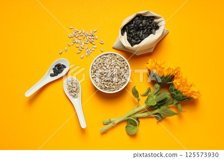 Sunflower seeds, concept of tasty snack, concept of harvest Sunflower seeds, concept of tasty snack, concept of harvest 125573930