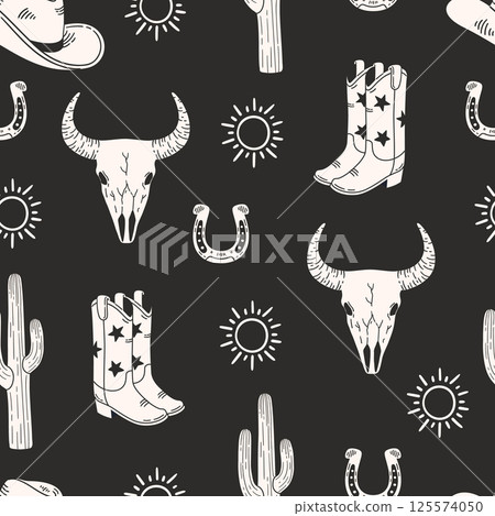 Cowboy themed seamless pattern with boots, skull, cactus and sun on dark background. Wild West style. Hand drawn vector illustration for wrapping paper, textile, fabric. Cowboy themed seamless pattern with boots, skull, cactus and sun on dark background. Wild West style. Hand drawn vector illustration for wrapping paper, textile, fabric. 125574050