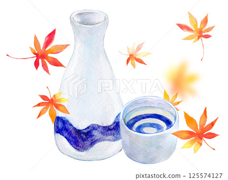 水彩插圖秋天圖像清酒和秋葉 水彩插圖秋天圖像清酒和秋葉 125574127
