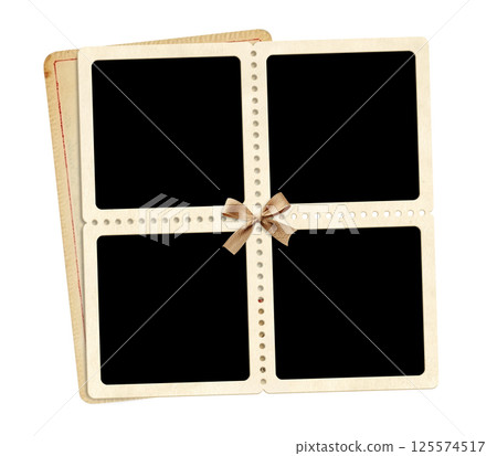 Template four retro frame photos, old card, linen bow. Moodboard pictures album grid for scrapbooking. Vintage style mood board layout. Isolated on white background. Copy space for your text and photo 125574517